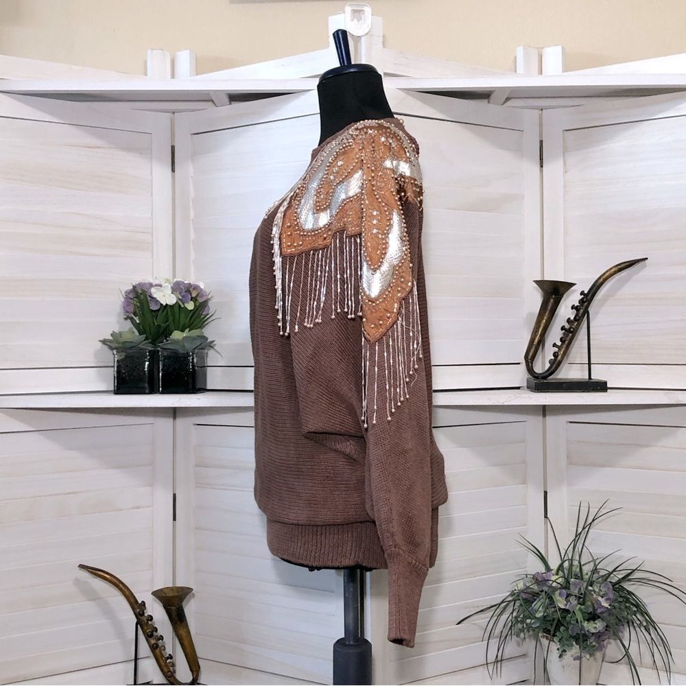 Vintage 80s 90s dolman sleeves beaded chocolate brown cotton tunic sweater sz L - Picture 9 of 9